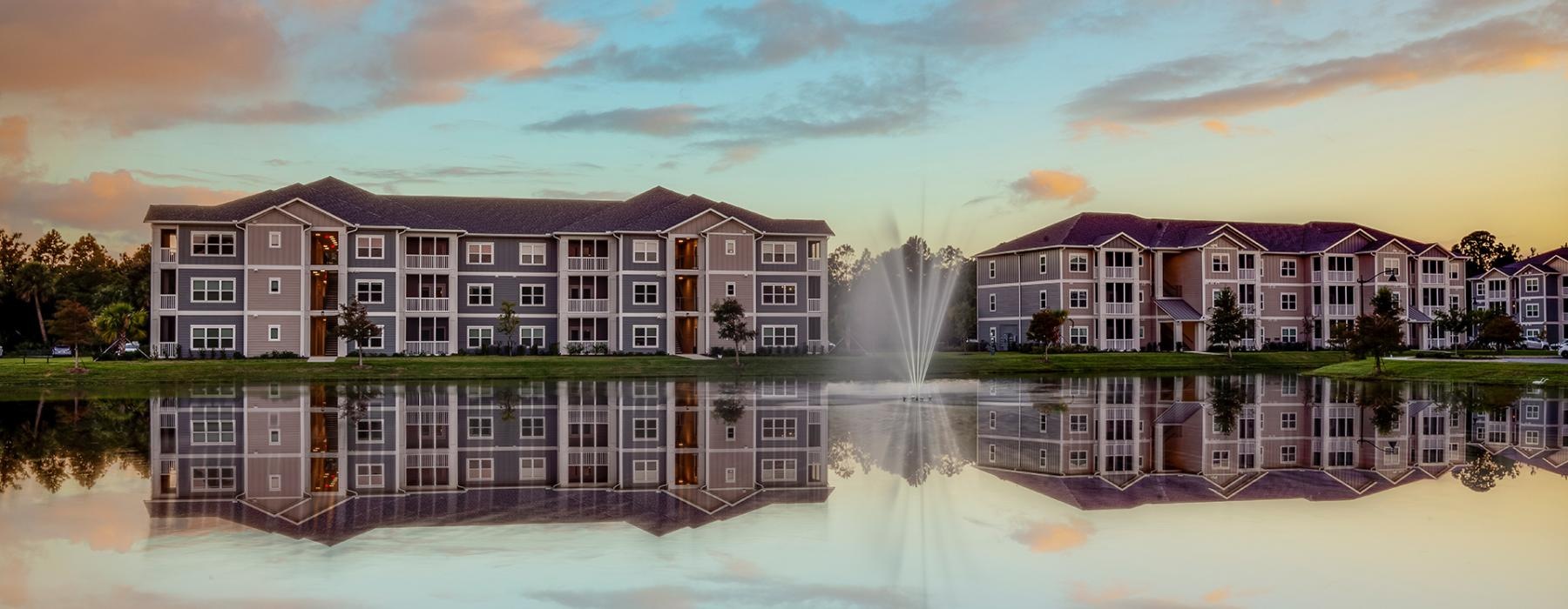a fountain in a lake